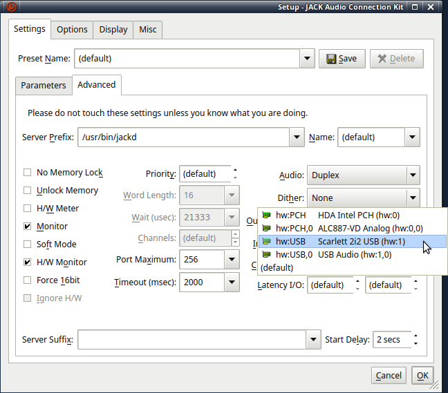 Scarlett 2i2 - JACK Setup Advanced drop menu