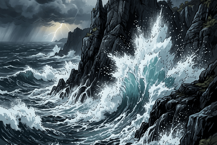 Rough ocean waves crashing against rocky cliffs during a storm with lightning