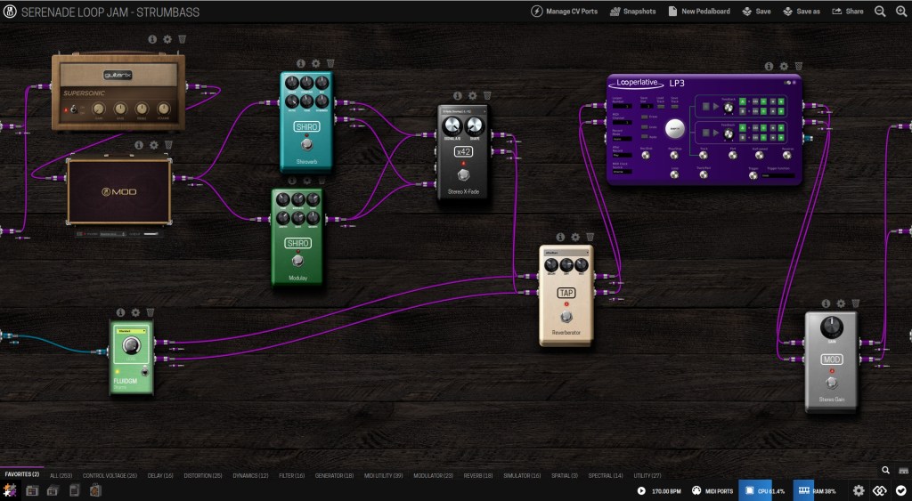 A digital signal processing interface showcasing various effects pedals connected with colored cables, including a reverb, modulation, and looper, set against a wooden background.